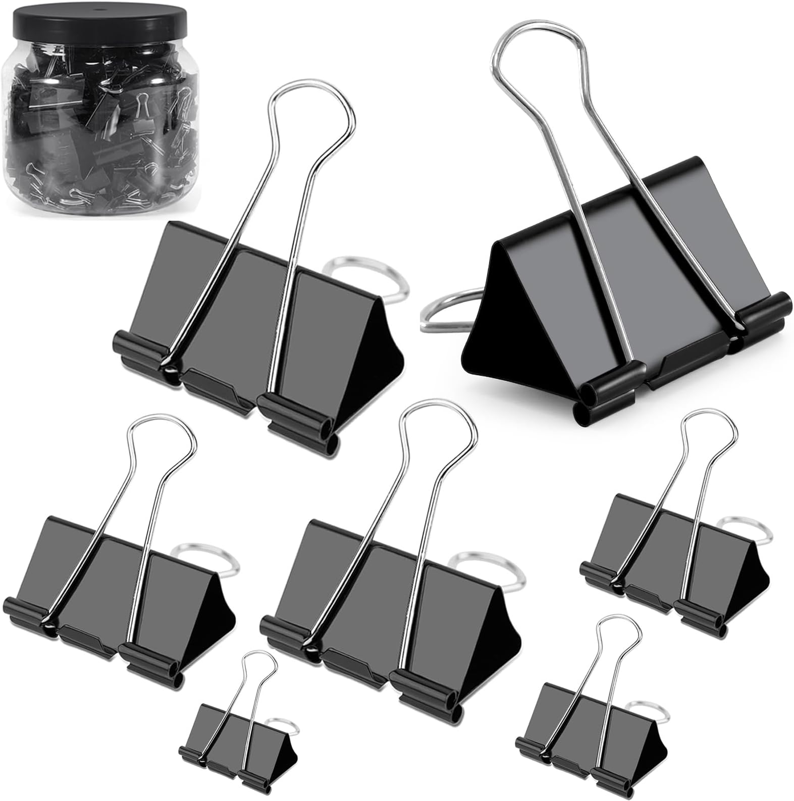 Ufmarine Binder Clips Paper Clips Assorted Sizes 200 Count (Black), Metal Paper Binder Clips with Box for Office, School and Home