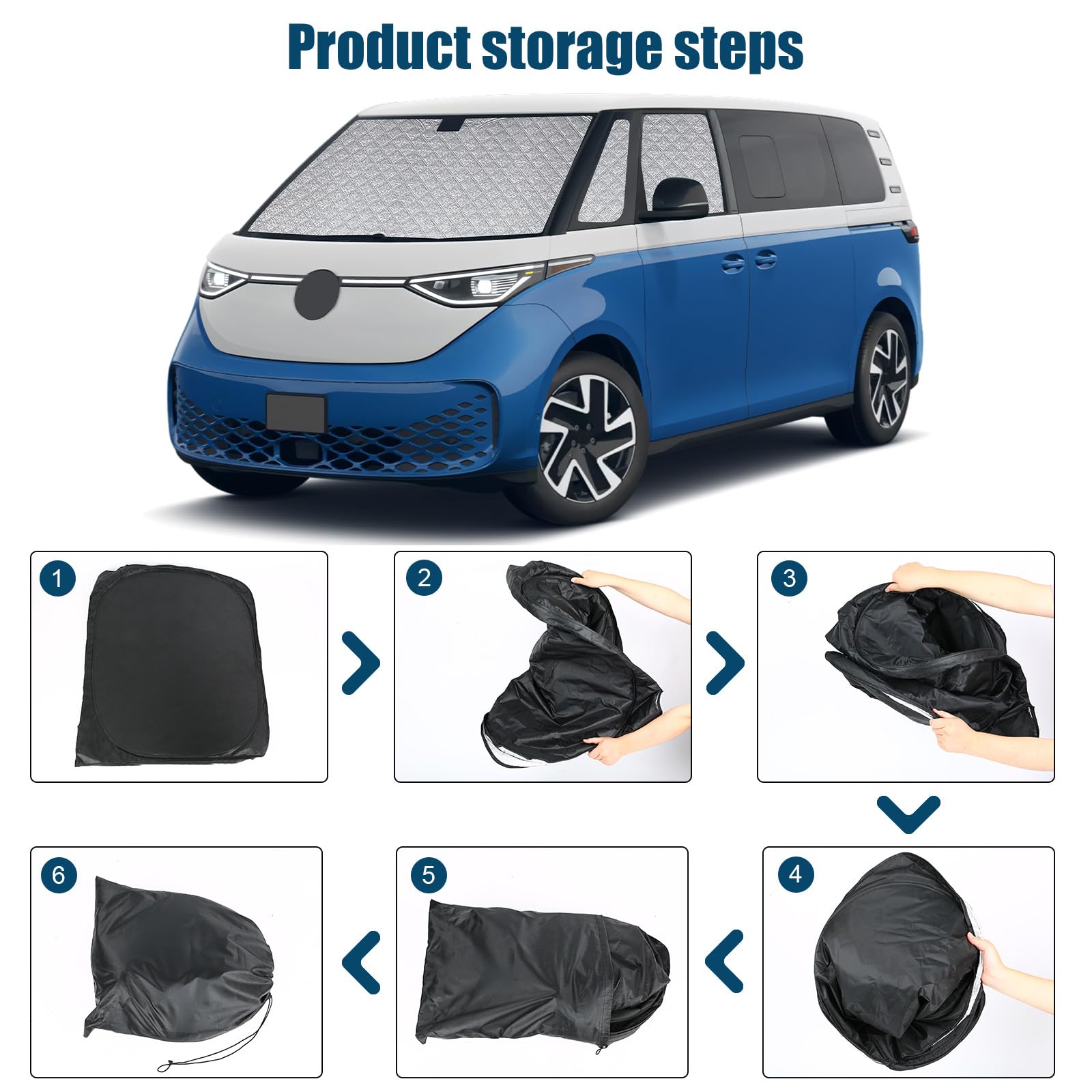 Sonnenschutz Kompatibel mit VW ID Buzz 2022-2026, 5 PCS Auto Frontscheibe Windschutzscheiben Schutz Set, Internes Thermomatte mit Aufbewahrungstasche, Faltbar Sonnenblende