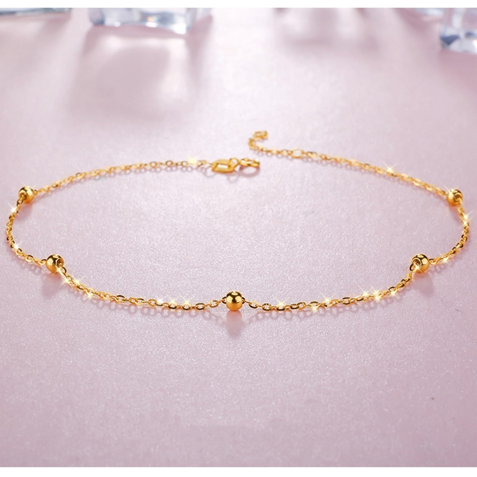Bracciali Oro Donna 18k/14k/9k, Bracciale a Catena con Perline 16-18 cm Estensione 4 cm, Braccialetti Sposa Fidanzati