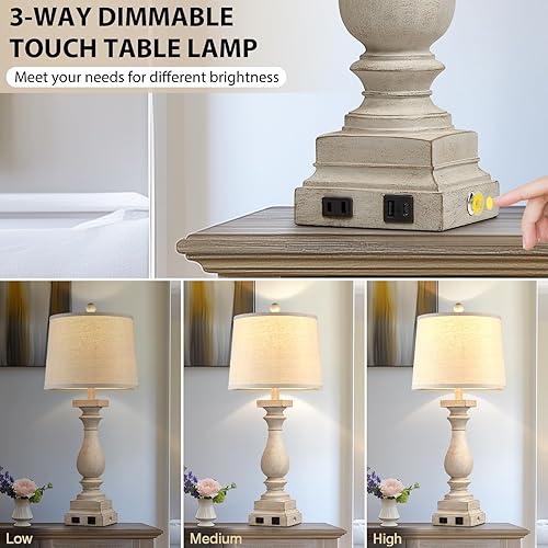 Miniatura 3 de Juego de 2 lámparas de mesa de granja de 28 pulgadas de alto con puertos USB C+A y salida de CA, control táctil de 3 vías, lámpara de noche rústica