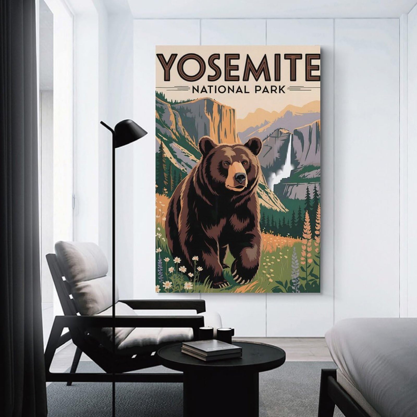 Junmoney Unframe-Style-1 Yosemite National Park Bear Illustration Decorative Wall Artwork 24X36inch(60X90cm), For Home Lounge, Bedroom Or Reading Nook, Modern Wall Decor For Cosy Interiors
