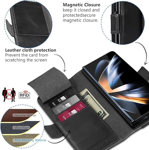 Miniatura 3 de KEZiHOME Funda para Galaxy Z Fold 5, funda de piel auténtica tipo cartera bloqueo RFID con ranuras para tarjetas, soporte a prueba de golpes, funda