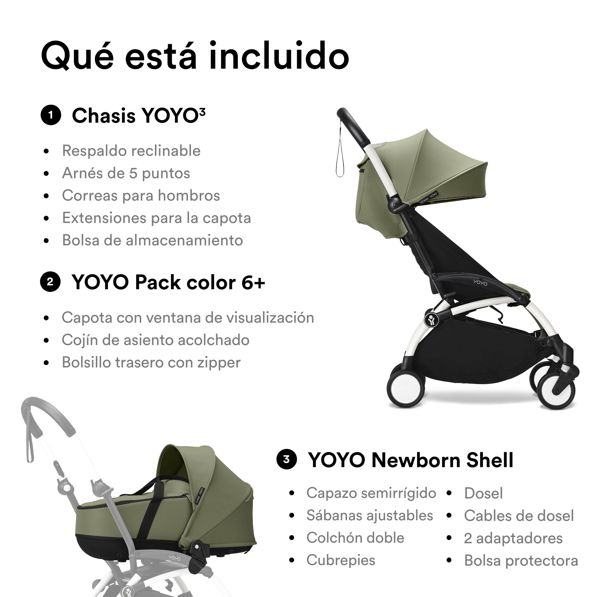 Cochecito YOYO3 de Stokke con Capazo para Recién Nacido - Incluye chasis en blanco, pack color 6+ para YOYO (Olive) y Capazo para Recién Nacido (Olive)