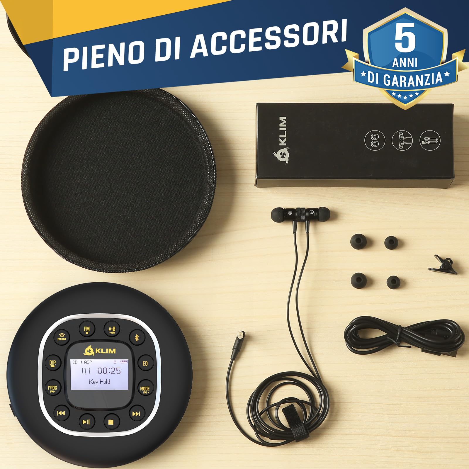 KLIM Journey - Lettore CD HiFi portatile - Cuffie incluse - Radio FM - Compatibile con MP3 CD Audiolibri - Lettore CD per auto - Supporta Bluetooth per Auto, scheda SD, Trasmettitore FM