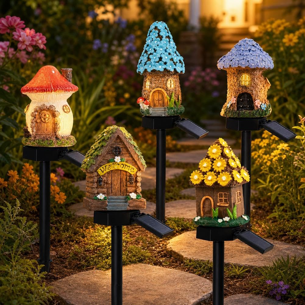 Solar Fairy-Tale Mushroom Cottage Garden Light,Waterproof LED Outdoor Mushroom House Statue Decor Lamp,Resin Cottage Garden Stake Lights,Auto On/Off Landscape Pathway Light for Yard Lawn Flower Bed