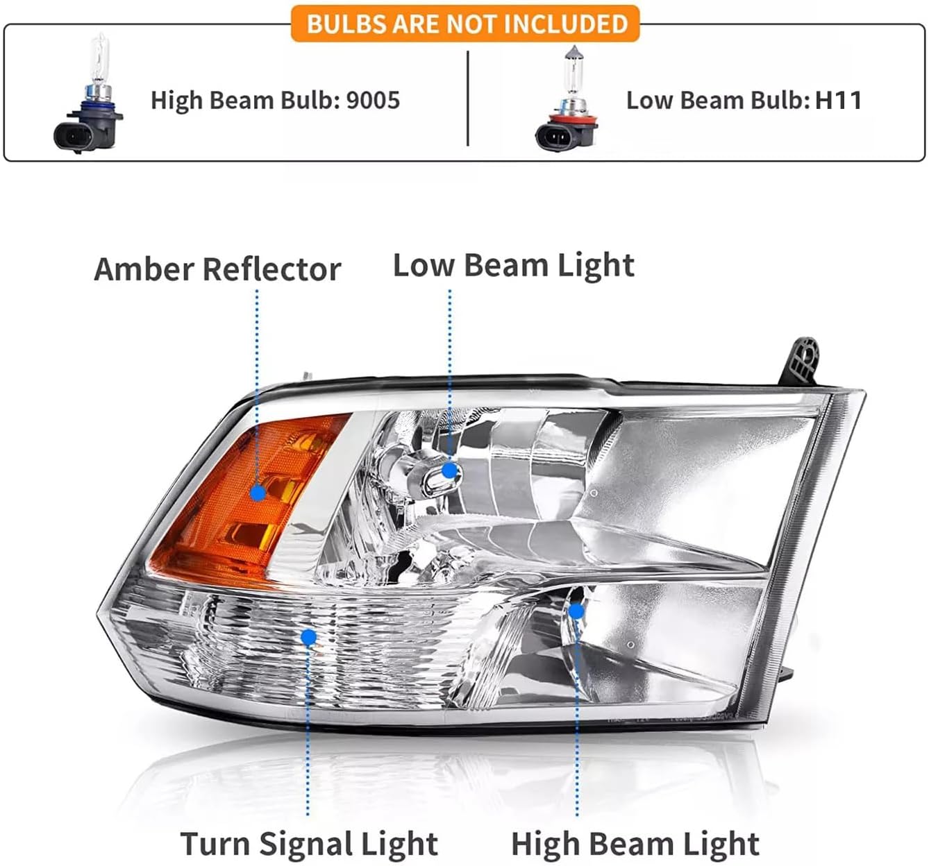 2PCS Headlights Assembly Set For 2009-2018 Dodge Ram 1500 2500 3500/2019-2022 Ram 1500 Classic Replacement Headlamp Chrome Housing Clear Lens Amber Reflector Clear Lens(LH&RH)