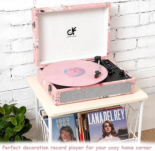 Miniatura 4 de Tocadiscos de vinilo Bluetooth con altavoces integrados, tocadiscos portátil vintage con diseño floral, fonógrafo de vinilo de 3 velocidades con