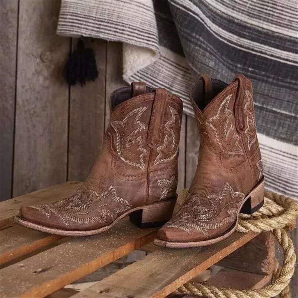 UMore Botines para Mujer Chelsea Botas Cuero Bajo Bloque Tacón Invierno Antideslizante Botas Retro Bohemio Empalme PatrónEstilo Cremallera