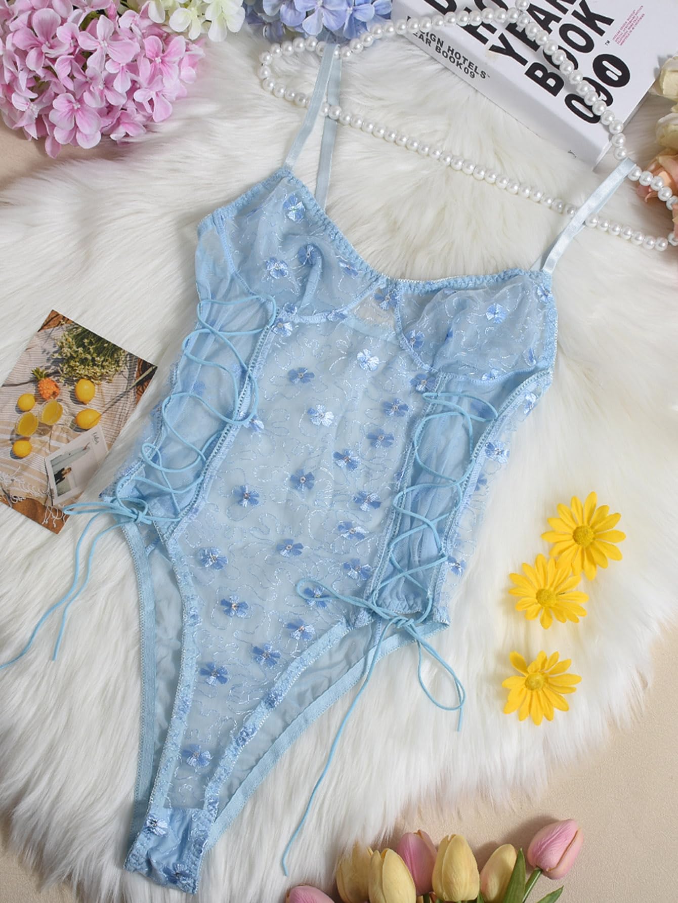 Lilosy Women Sexy Lace Up Floral Embroidered Teddy Lingerie Bodysuit Top Mesh Sheer One Piece