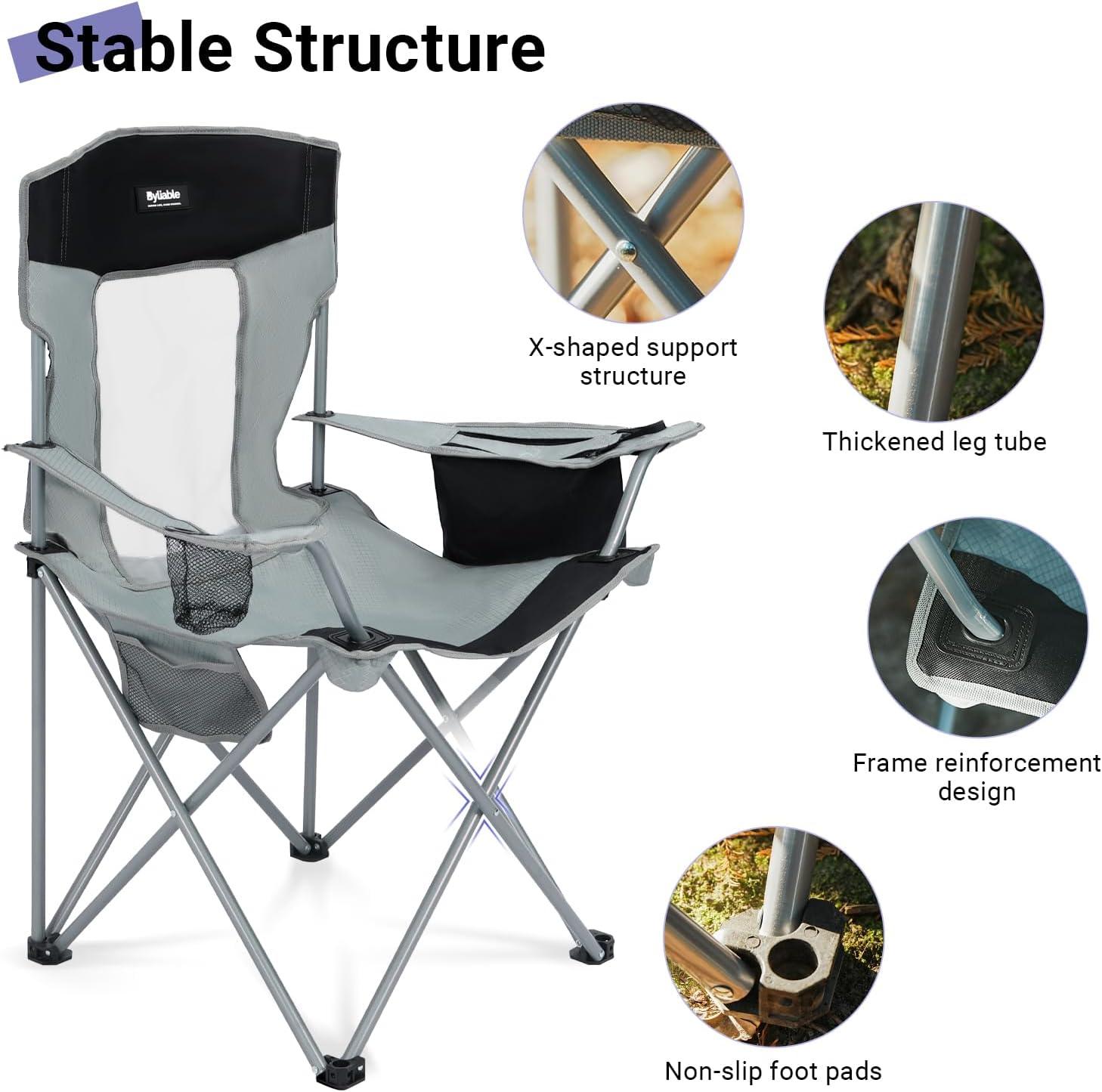 Camping Folding Chair Outdoor Lawn Portable Lightweight Camp Folding Chairs for Adult Outside with Cup Holder, Cooler Pouch & Side Pocket for Camping, Beach, Fishing, Sports or Tailgating Events, Grey