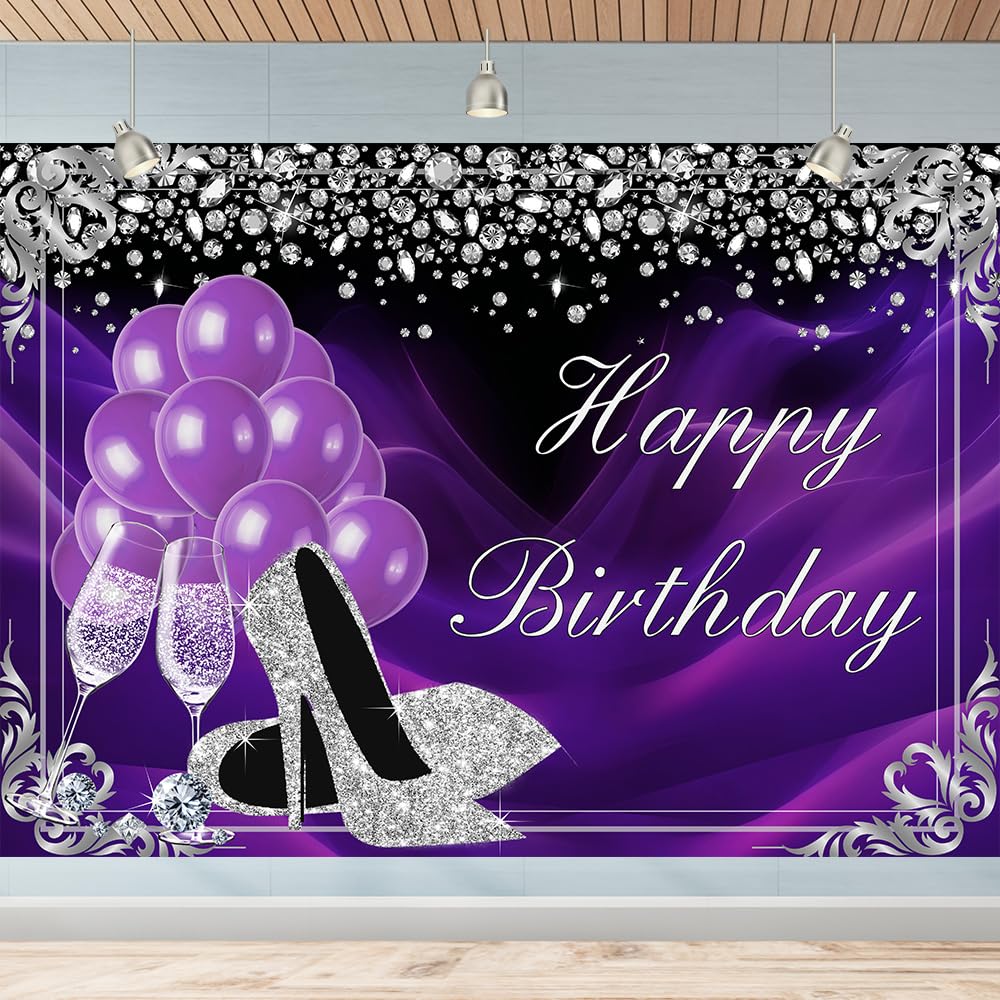 Purple Silver Heels Happy Birthday Backdrop Banner for Women Purple Balloon and Champagne Party Photography Background Elegant Diamond Birthday Banner