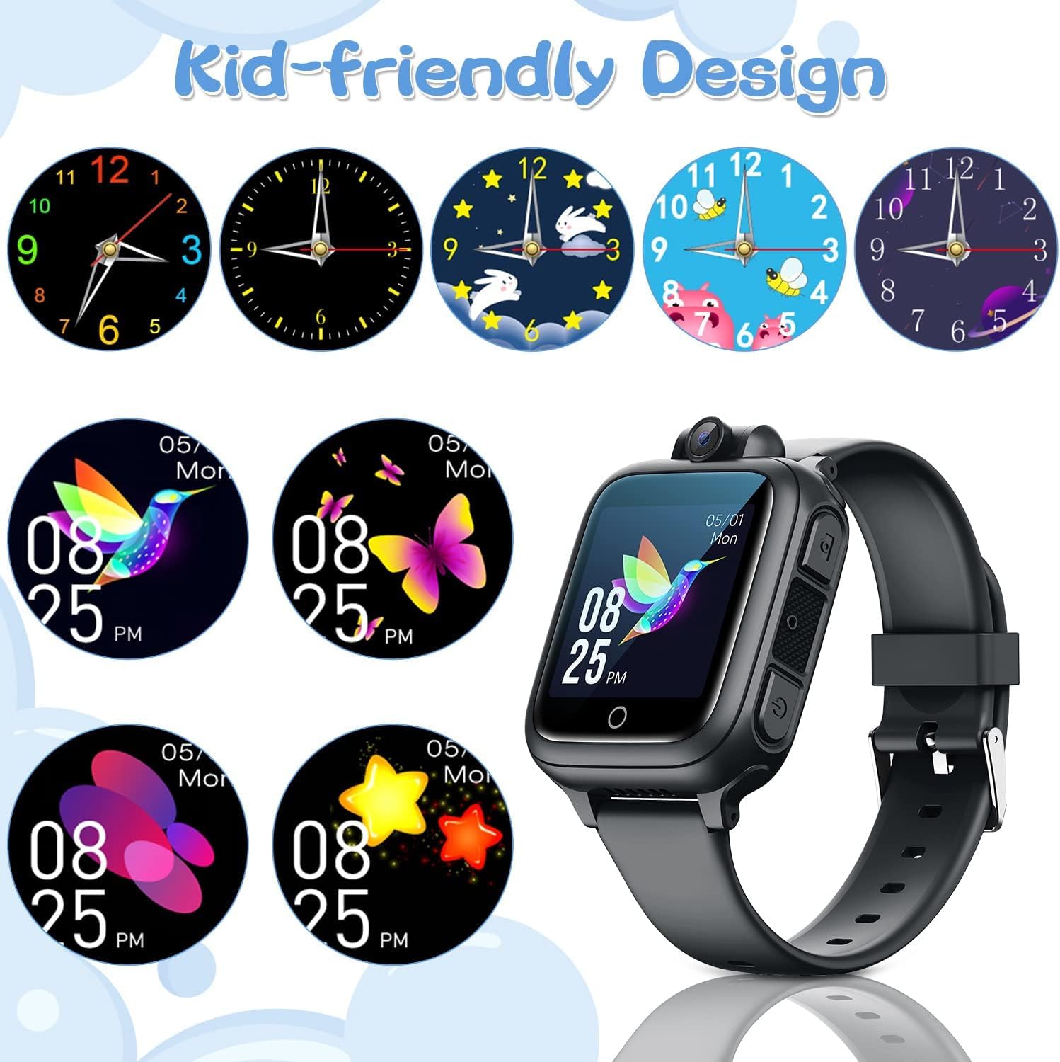 Awatty Smartwatch Kinder, Kinderuhr Jungen Mädchen, Kinderspielzeug 3 4 5 6 7 8 9 10 11 12 Jahre, Geburtstagsgeschenke, mit 90° drehbare Kamera, 14 Spiele, Musik, Wecker, Stoppuhr, Datum - Schwarz
