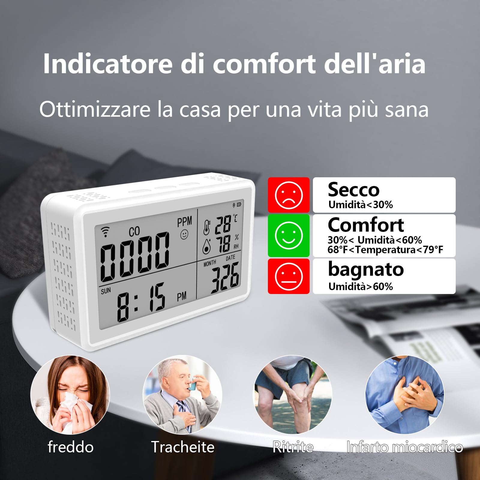 Tuya WiFi Tragbarer 3-in-1-Kohlenmonoxid,Temperatur Feuchtigkeitsdetektor,Kabelloses Digitales Hygrometer Thermometer,Temperatur Feuchtigkeitsmonitor,CO Alarm Detektor für Zuhause,Keller,Kinderzimmer