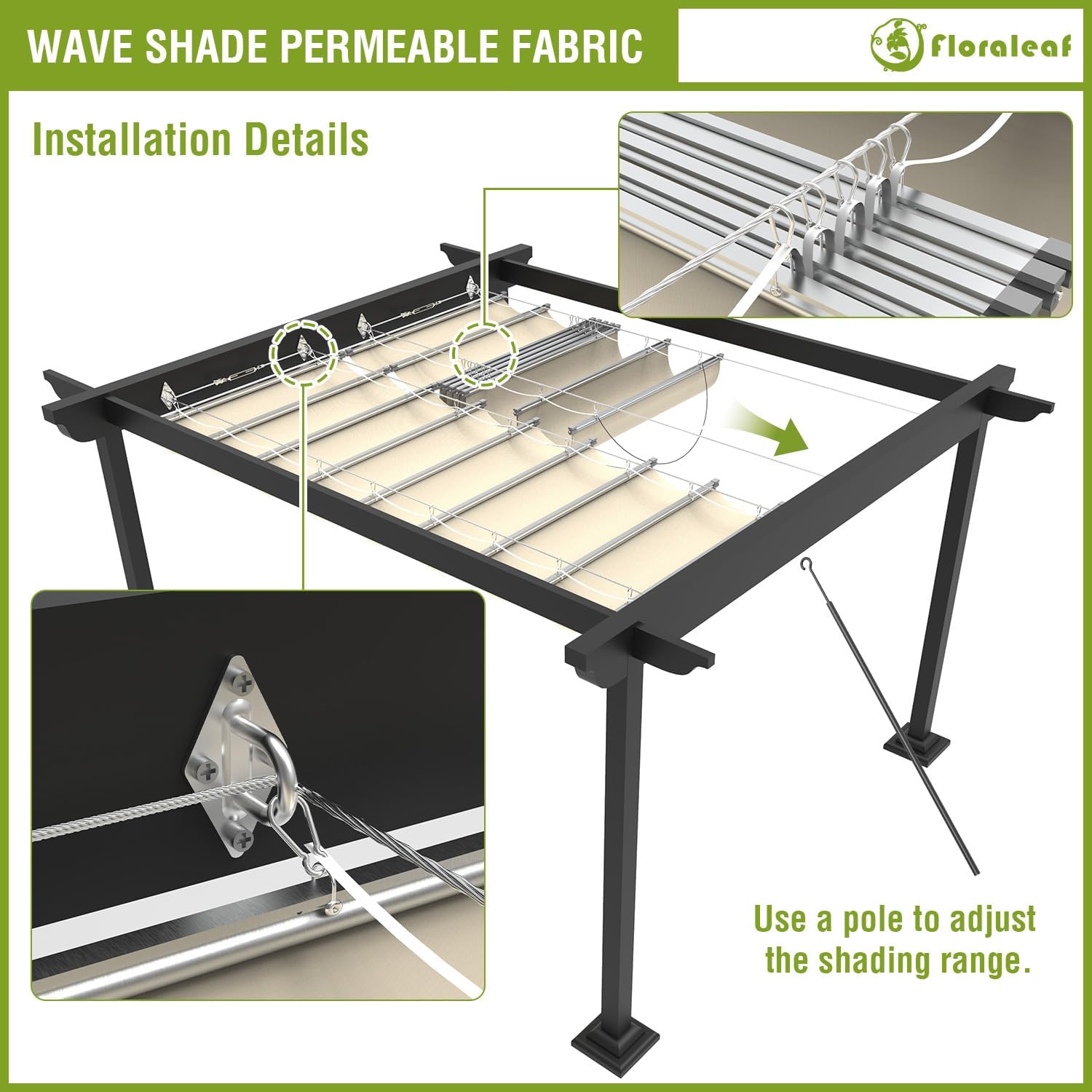 4' × 12' Waterproof Pergola Shade Cover Retractable Pergola Replacement Canopy Slide Shade Sail with Cable Hardware for Outdoor Patio Porch Garage Deck Backyard Awning, Beige
