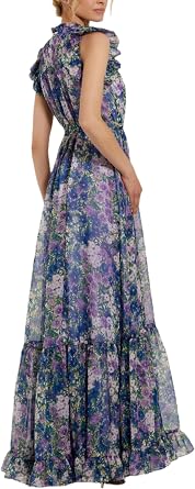 Mac Duggal Belted Floral Chiffon Ruffle Sleeve Gown