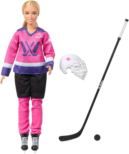 ​Barbie Tim Hortons PWHL 2025 Fashion Doll in Pink, Purple, & Teal Hockey Jersey, Includes Hockey Stick, Puck, and Helmet