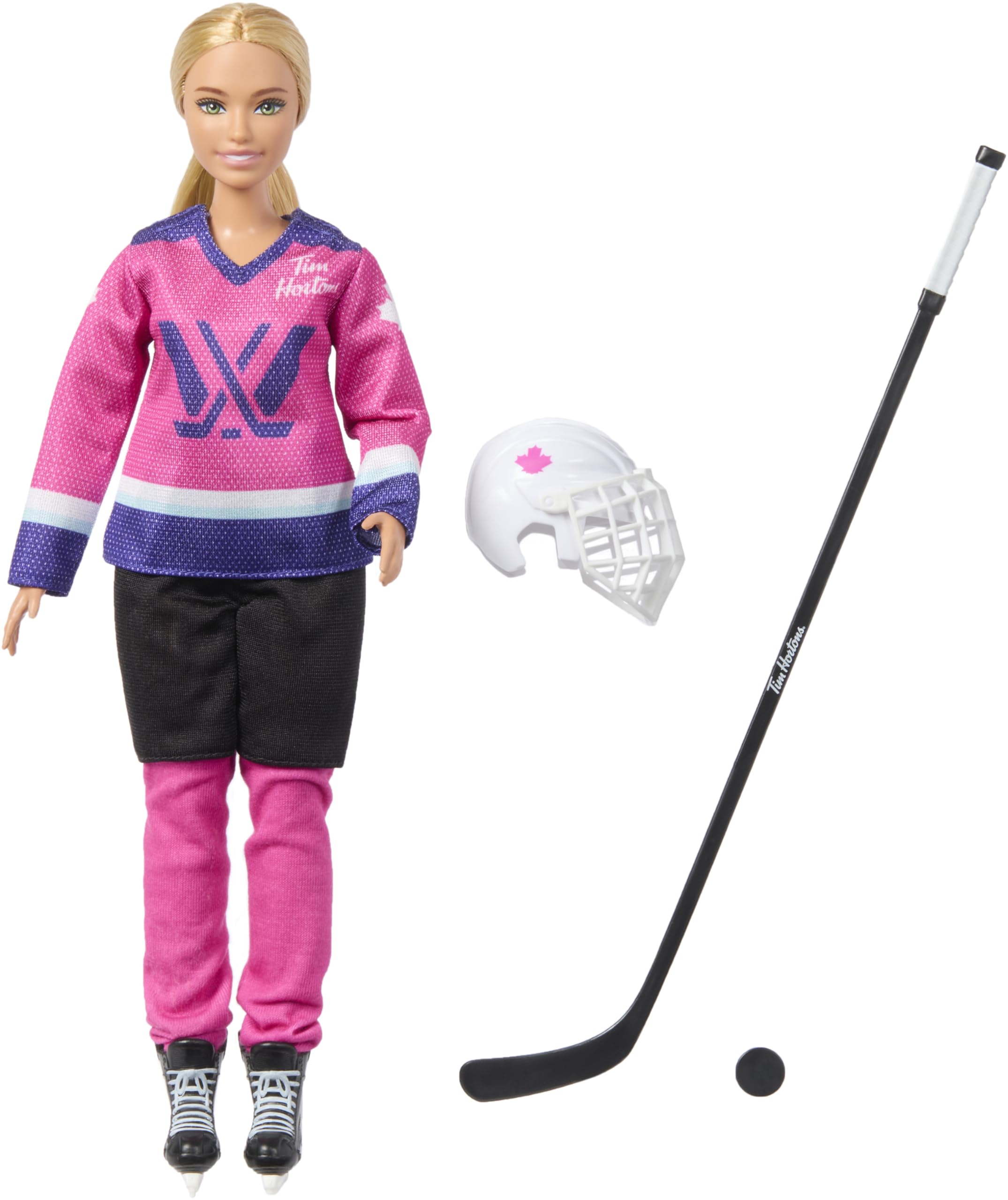 βBarbie Tim Hortons PWHL 2025 Fashion Doll in Pink, Purple, & Teal Hockey Jersey, Includes Hockey Stick, Puck, and Helmet