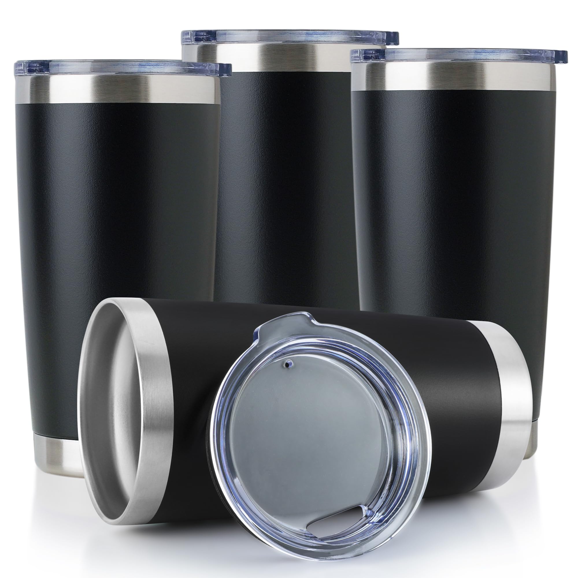 DOMICARE 20oz Stainless Steel Tumbler Bulk with Lid, Double Wall Vacuum Insulated Travel Mug, Powder Coated Coffee Cup, Powder Black, 4 Pack