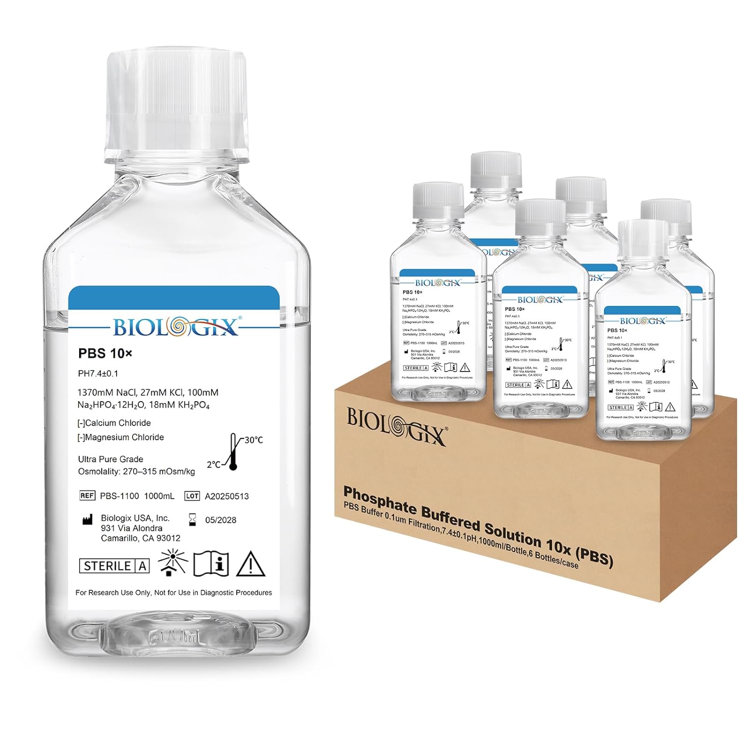 Phosphate Buffered Saline 10X, 1000ml PBS Buffer 0.1um Filtration, 7.4pH, Sterilize, 10X Concentrate, Cell Culture Buffer for Laboratory, 1000ml/Bottle, 6 Bottle/Case
