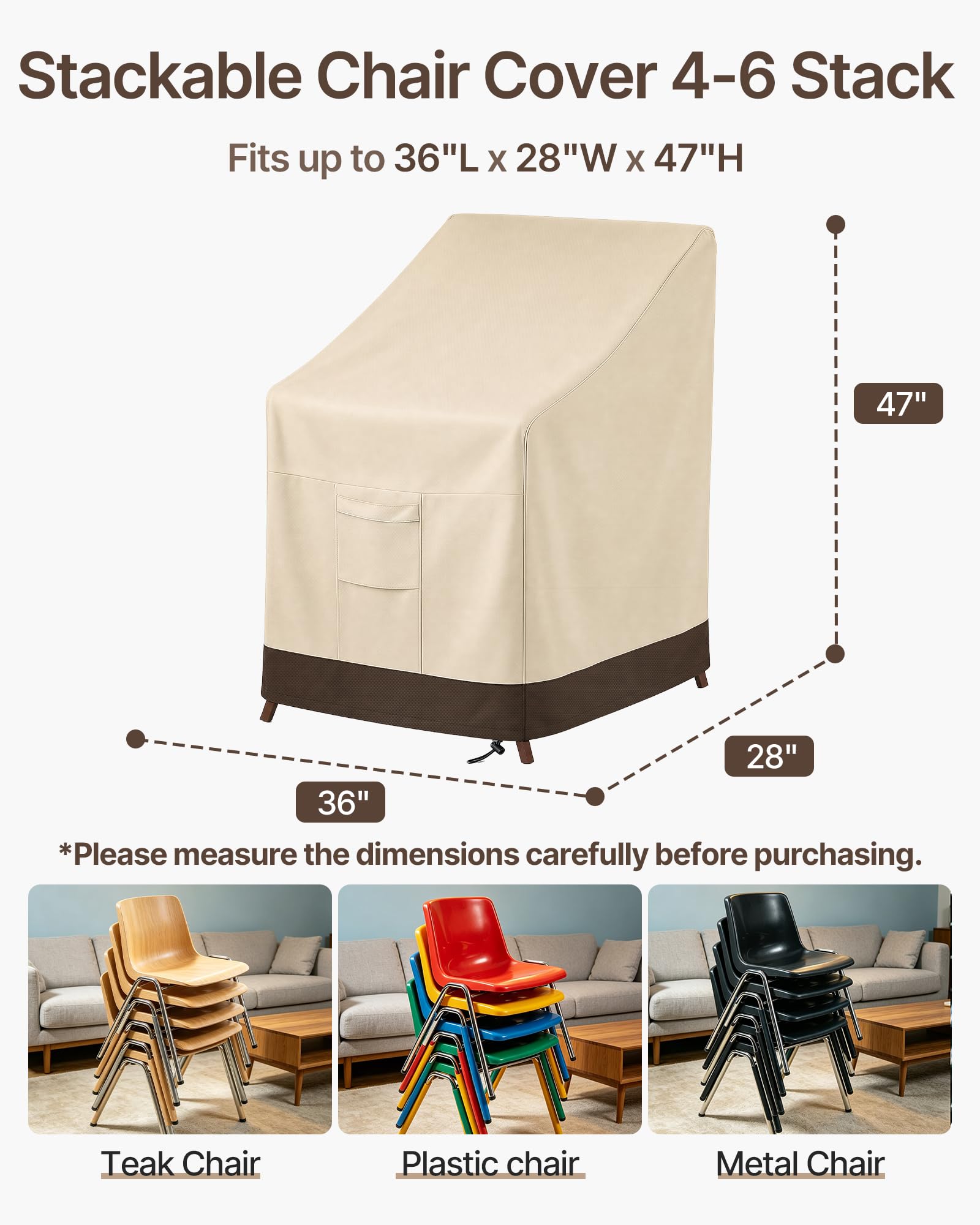 Vailge Coprisedia impilabile da patio, 100% impermeabile, resistente, per mobili da giardino, adatto per 4-6 sedie da pranzo impilabili, confezione da 2 pezzi, 91 x 71 x 119 cm, beige e marrone