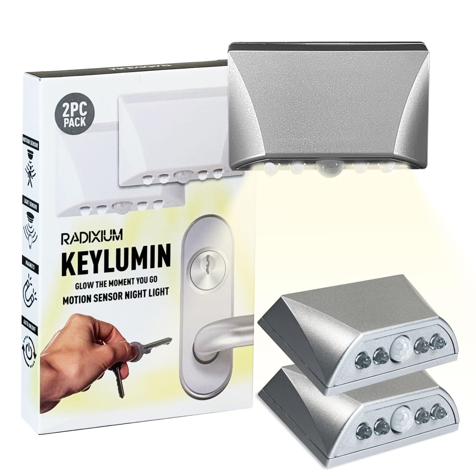 LIBERATECH Silver 2 Pack Motion Sensor Keyhole Light - Automatic on/Off Infrared LED, Suitable for Front Doors, corridors, Stairs in The Dark | 3-Way Installation (2PC Silver)
