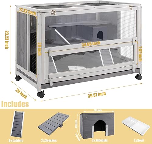 Miniatura 2 de Jaulas grandes para hámster, jaulas de madera para hámster y hábitat sobre ruedas con cuenco de comida, estante y escalera, parte superior que se