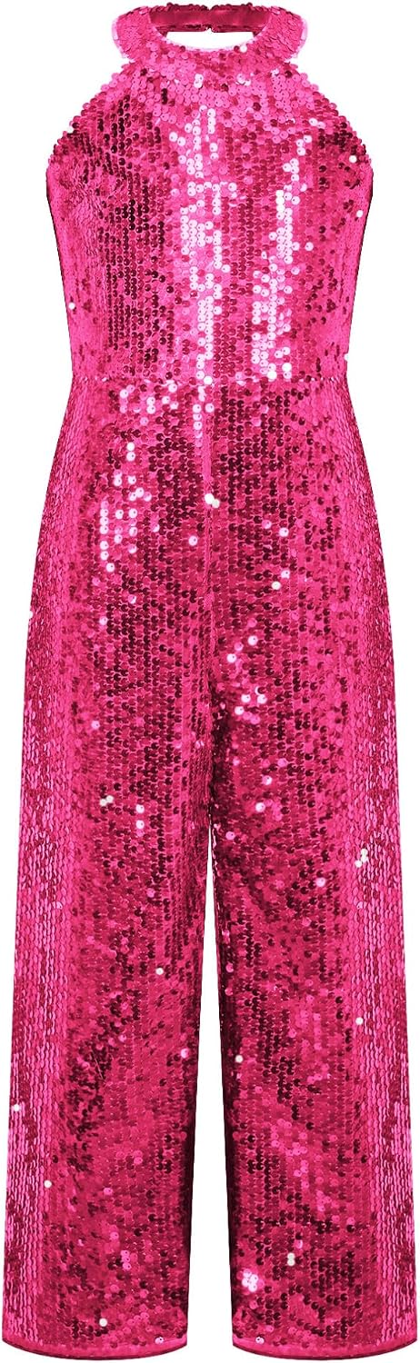 ranrann Kids Girls Sparkly Sequins Jumpsuit Halter Neck Sleeveless One Piece Romper Long Pants Party Outfits