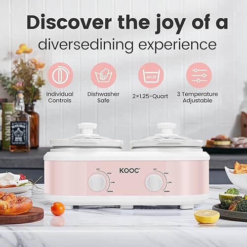 Miniatura 7 de KOOC Olla de cocción lenta doble pequeña, servidor de buffet y calentador, 2 mini ollas con 3 temperaturas ajustables individuales, ollas de