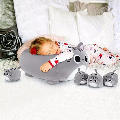 Miniatura 7 de Peluche de gato gris, 5 piezas de familia de animales de peluche, gato gris de 16 pulgadas, mamá gato con 4 gatitos bebés para niños, juguete de