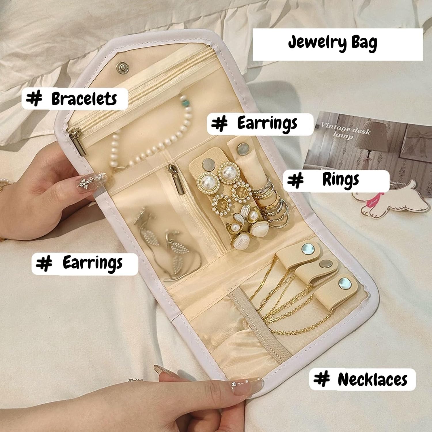 Travel Jewelry Organizer Roll, Cute Animal Design, PU Leather Storage Case for Necklaces, Rings, Earrings, Bracelets, Cream White (kitty)