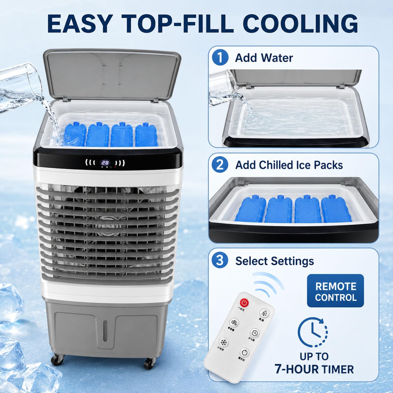 Climatizador Evaporativo Grande, 7000 m³/h con Depósito de 60 L, 8 Acumuladores de Frío, Oscilación 120°, 3 Velocidades, Mando a Distancia, Temporizador 7 h para Garaje, Patio, Hogar