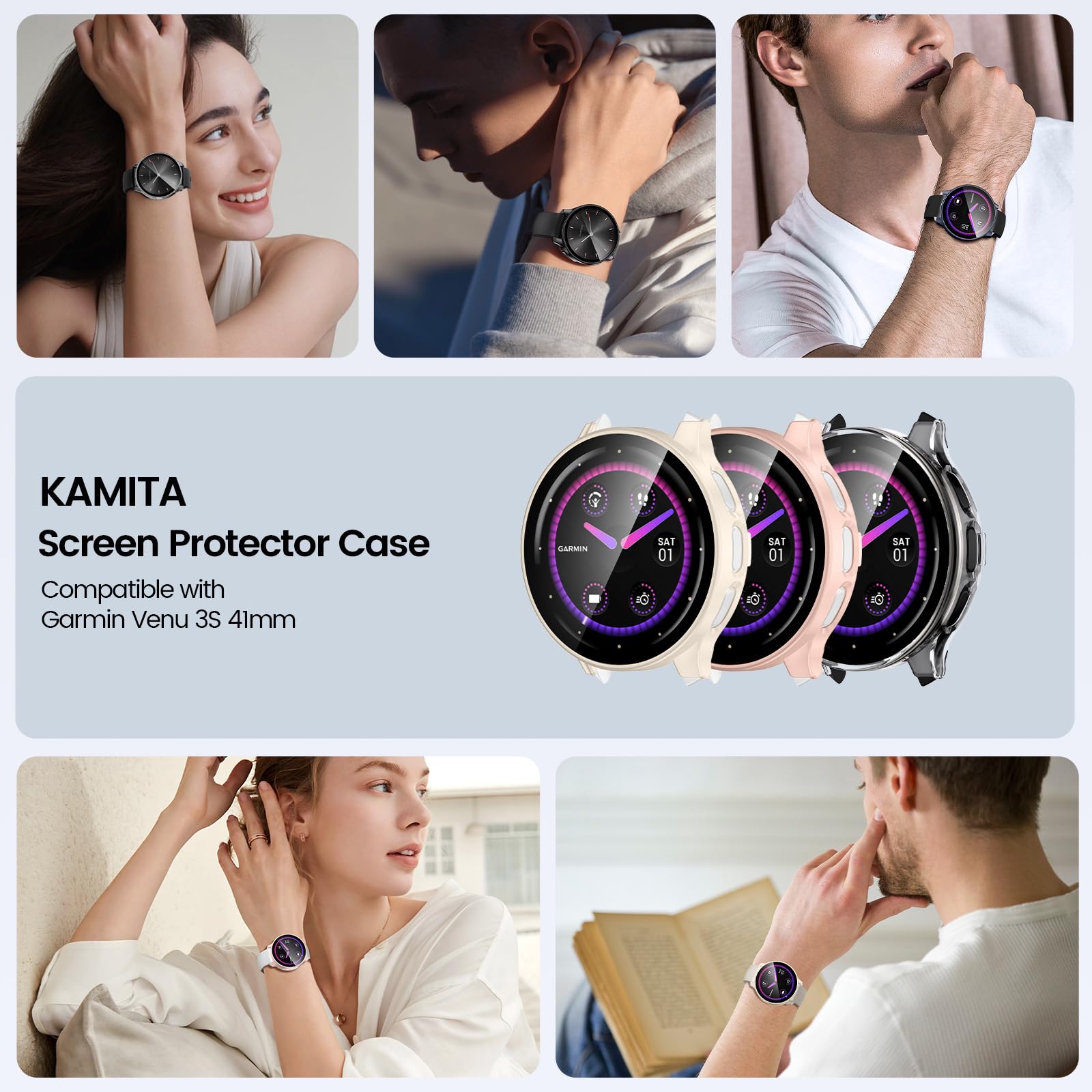 [3Pack] Kamita Etui z ochroną ekranu kompatybilne z Garmin Venu 3S 41mm, odporne na wstrząsy etui PC Bumper z folią ze szkła hartowanego, pełne pokrycie ochronne do Garmin Venu 3S 41 (Przezroczyste+