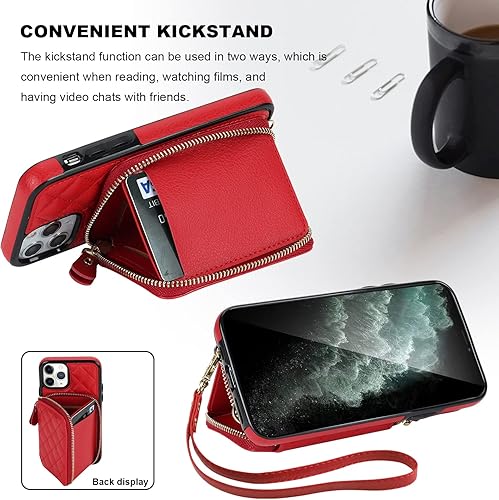 Miniatura 5 de Bocasal Funda tipo cartera cruzada para iPhone 11 Pro, de piel sintética con bloqueo RFID, con cremallera, funda tipo cartera con función atril y