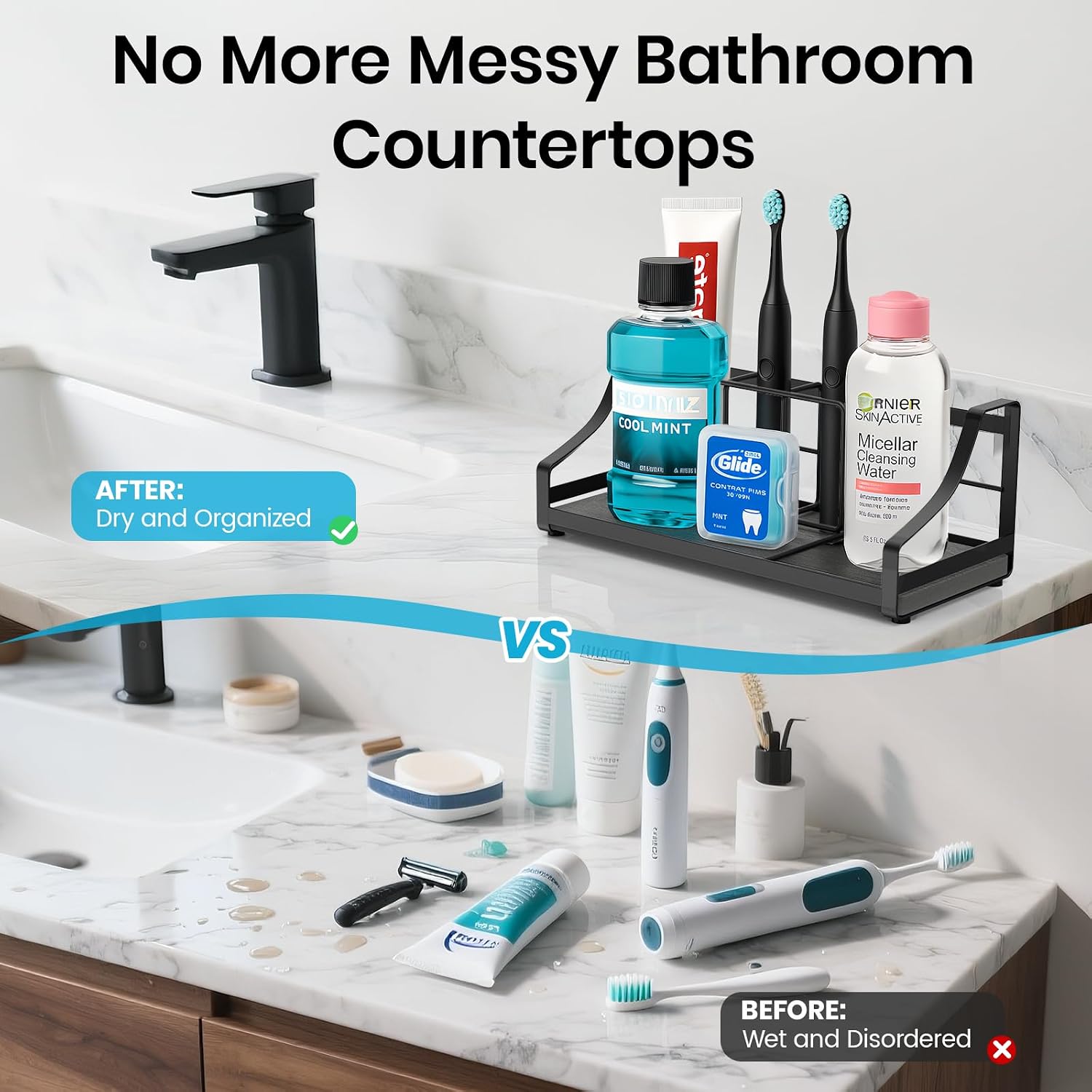 BOTEMY Toothbrush Holder with Instant Drying Stone - Bathroom Counter Organizer, Diatomite Electric Toothbrush Toothpaste Holders, Bathroom Sink Organizers and Storage,Black