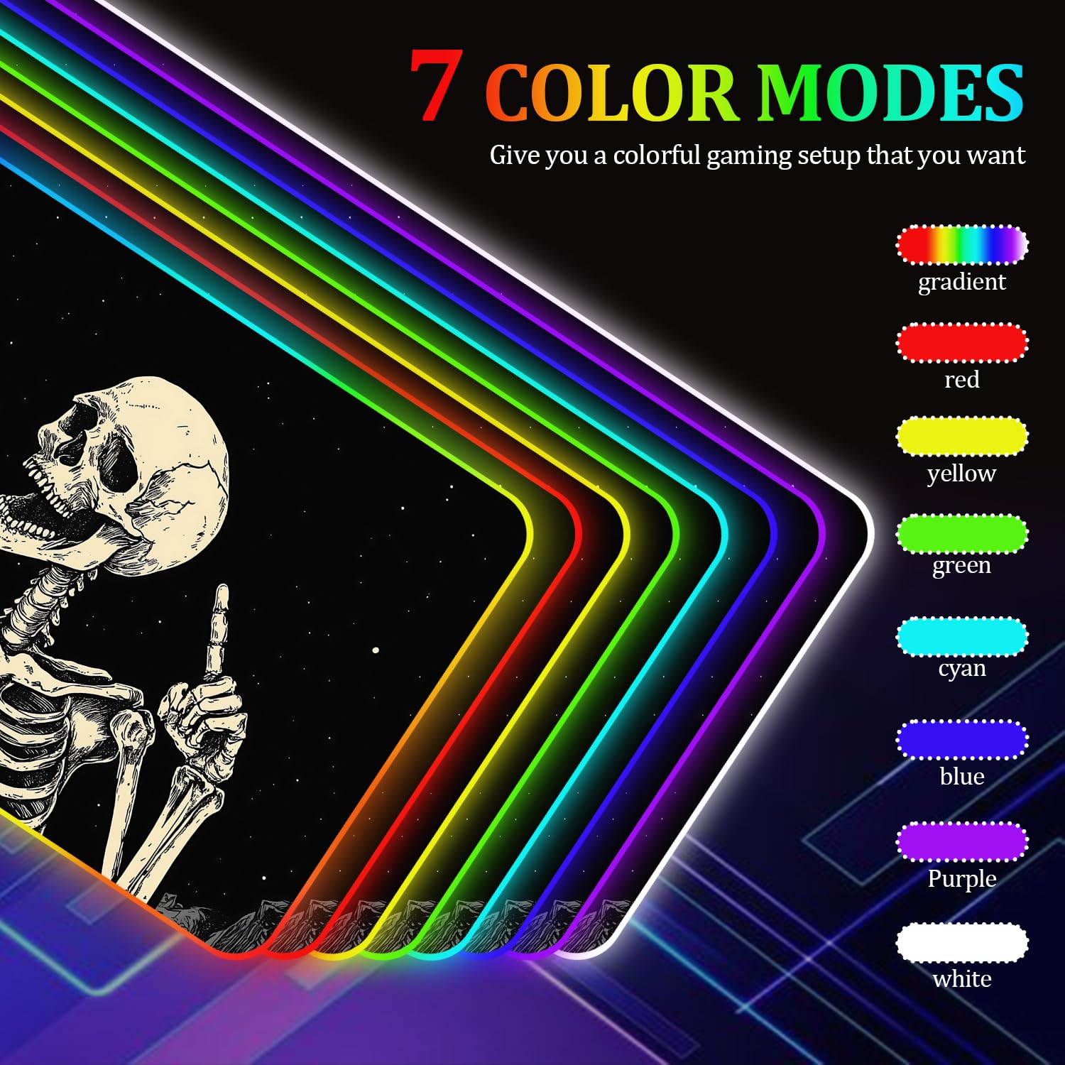 Tappetino per mouse da gioco RGB XL 89,9 x 40,6 cm, con teschio scheletrato, tappetino per mouse da gioco LED, antiscivolo, grande tappetino da scrivania per configurazione dei giocatori