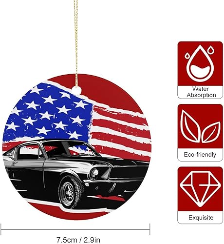 Miniatura 2 de Muscle Car con bandera estadounidense, decoraciones navideñas redondas de cerámica, adorno colgante de Navidad para fiesta de árbol de Navidad