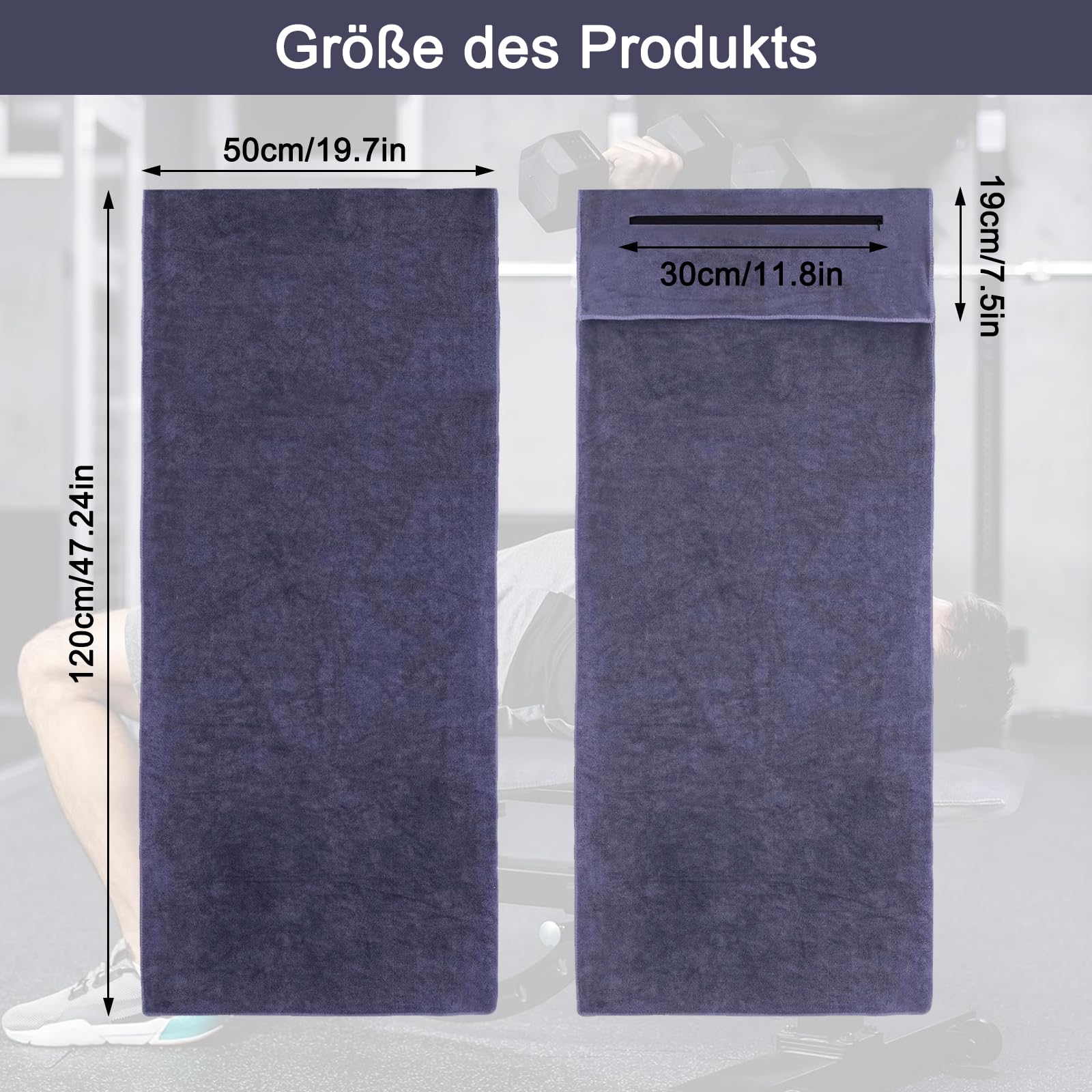 Toalla Gym con Bolsillo Cremallera - 120x50cm Toalla Gimnasio Hombre Mujer, Toalla Microfibra para Gimnasio, Entrenamiento, Exterior Deporte, Yoga, Playa, Ducha (Azul Grisáceo)