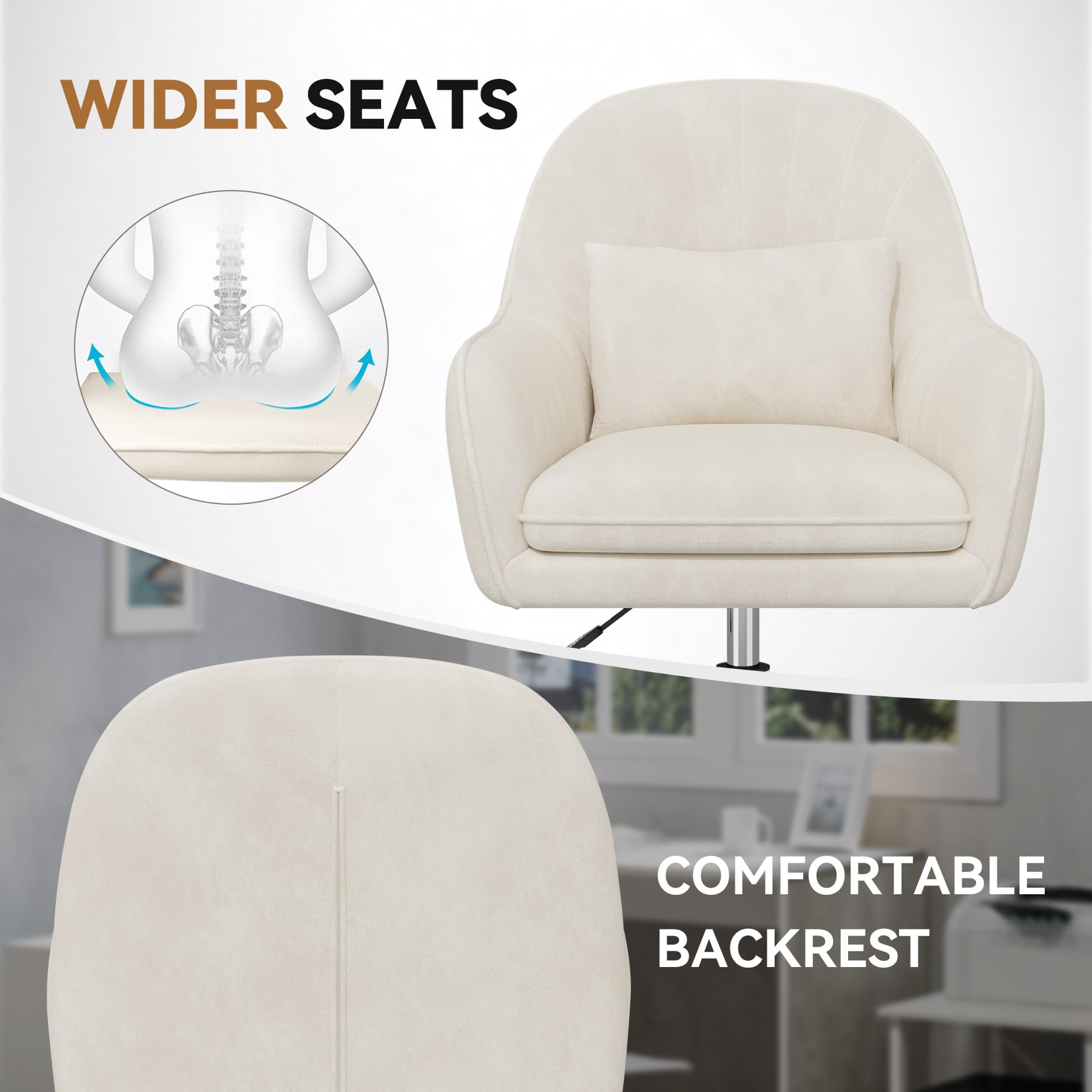 Homeoffice Stuhl, SamtStuhl mit Kopfkissen, 360° drehbar Höhenverstellbar Bürostuhl ergonomisch, Schminkstuhl Drehstuhl，für Arbeitszimmer Schlafzimmer,bis 120kg belastbar Beige