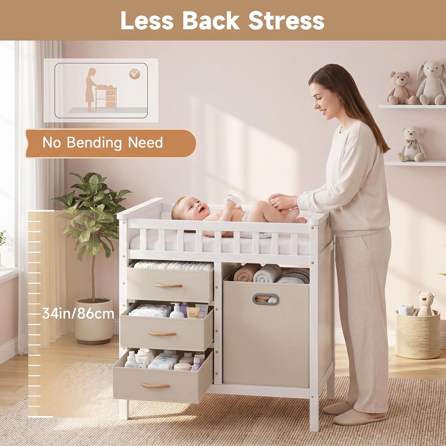 INFANS Wooden Baby Changing Table with Comfy Changing Pad, 3 Fabric Drawers, Laundry Hamper, Safety Belt, Diaper Station Dresser for Nursery Infant (White)