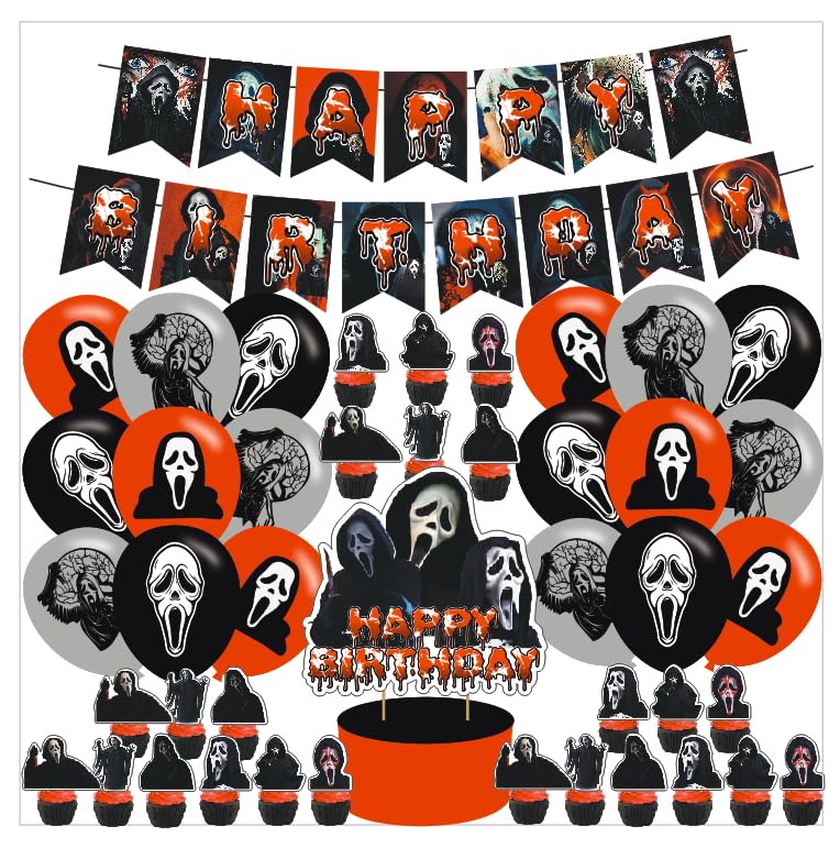 Scream Movie Party Decorations Birthday Party Supplies For Horror Movie Party Supplies Includes Banner - Cake Topper - 24 Cupcake Toppers - 18 Balloons