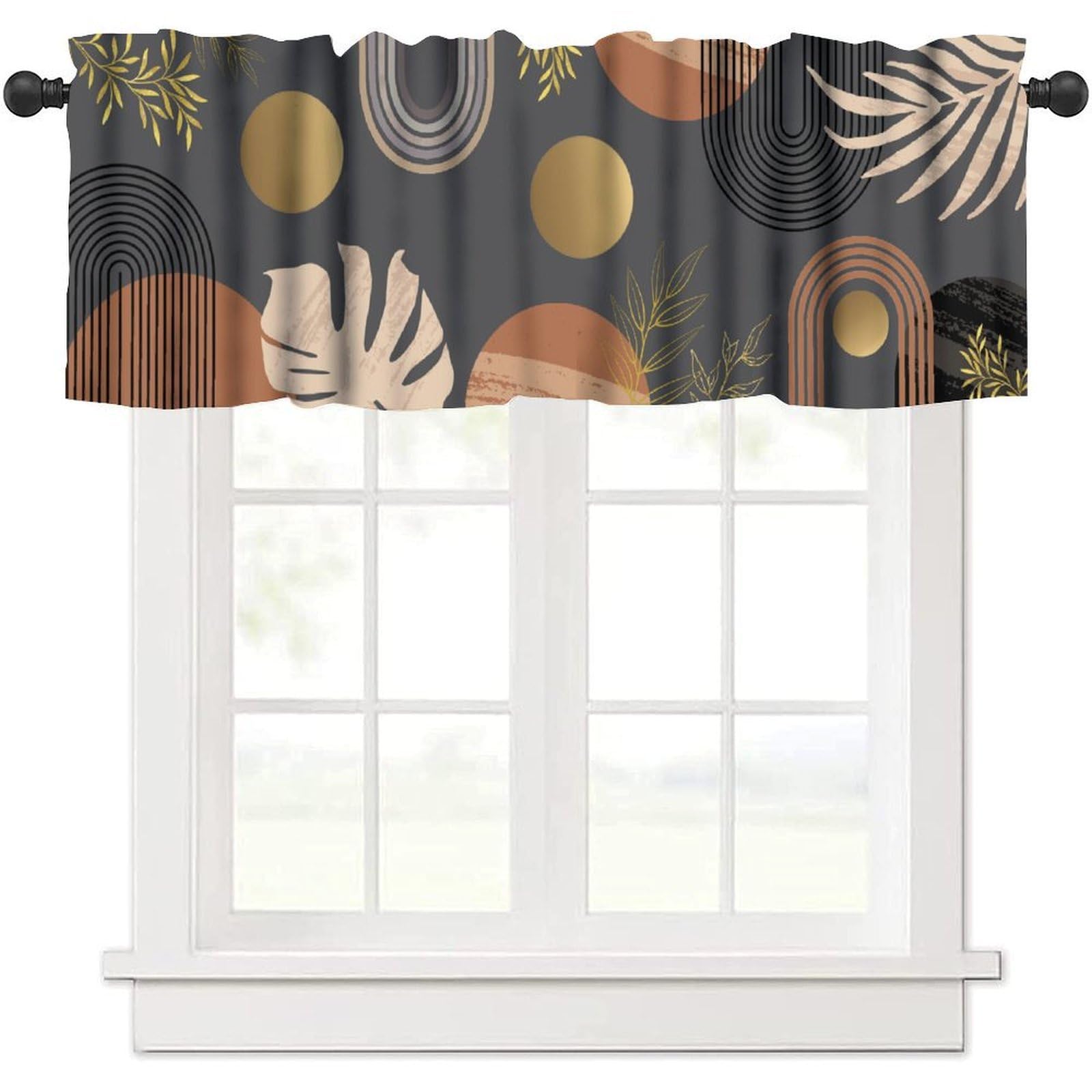 Black Abstract Valance Curtains, Boho Mid Century Golden Tropical Leaves Geometric Arch Modern Minimalisted Window Curtain Valance for Farmhouse Kitchen Bedroom Living Room 54x18inch