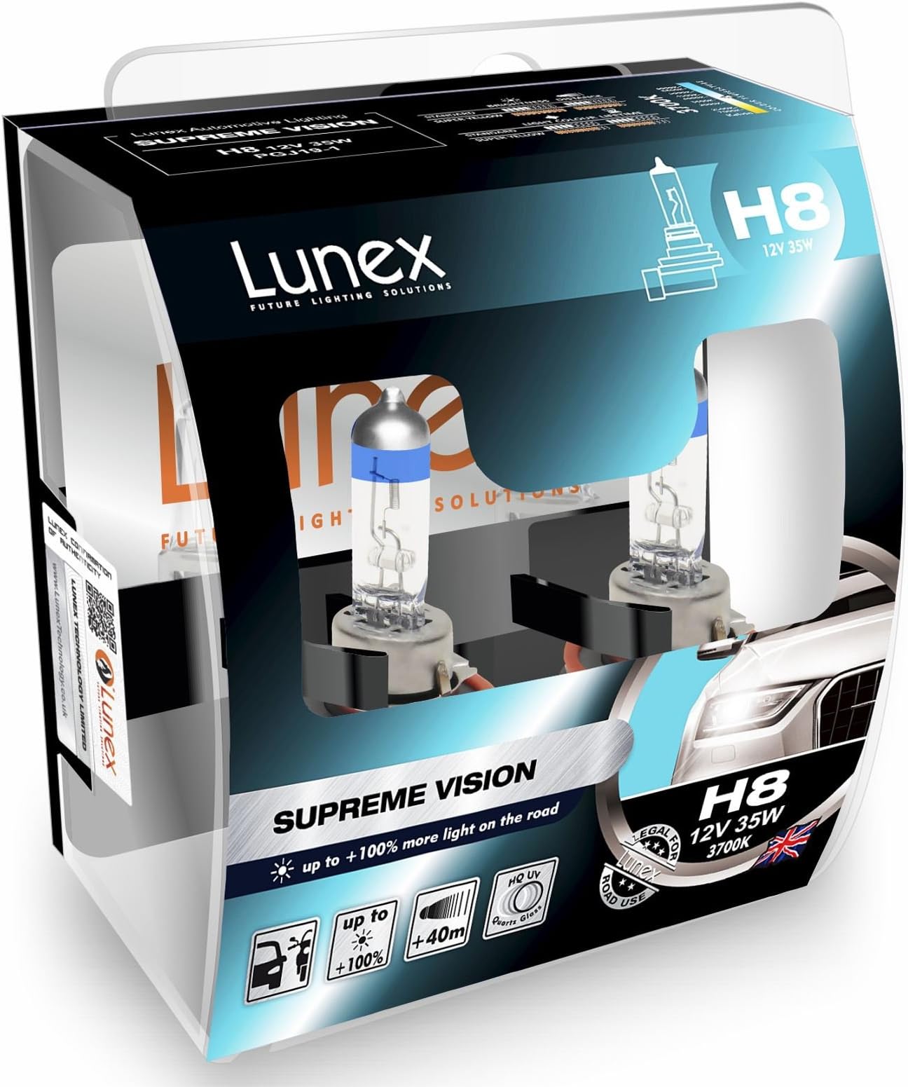 Lunex H8 SUPREME VISION 708 Headlight Halogen Bulbs 12V 35W PGJ19-1 + 100% more light 3700K duobox (2 units)