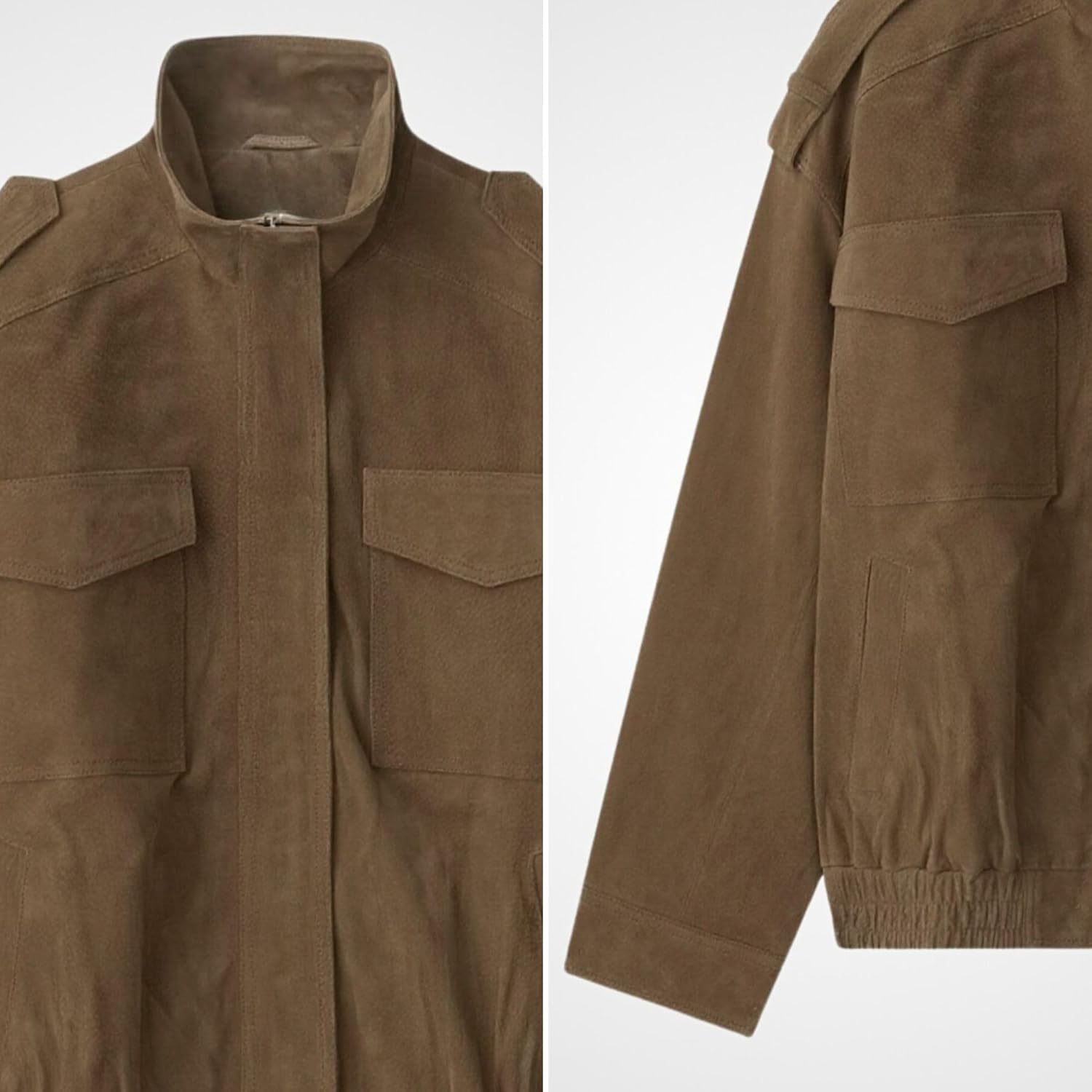 Xunger Women’s Suede Bomber Jacket Vintage High Collar Long Sleeve Zipper Oversized Faux Leather Coat with Pockets - Image 5