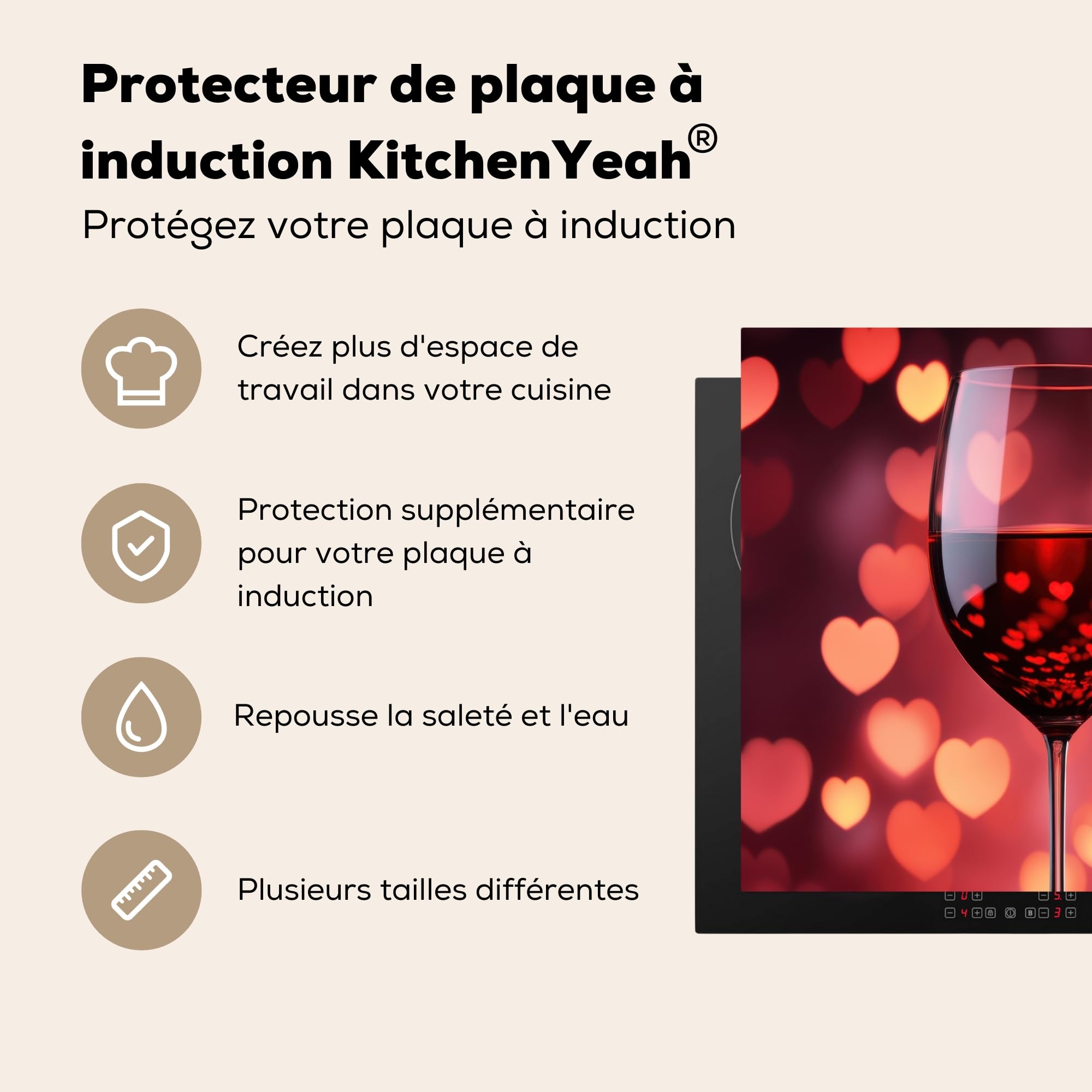KitchenYeah© Protège Plaque Induction 59x52 cm Deco Cuisine Accessoire Pratique Protection De Vitroceramique Kitchen Gadget Rouge - Vin - Coeur - Cadeau Saint Valentin - St Valentin