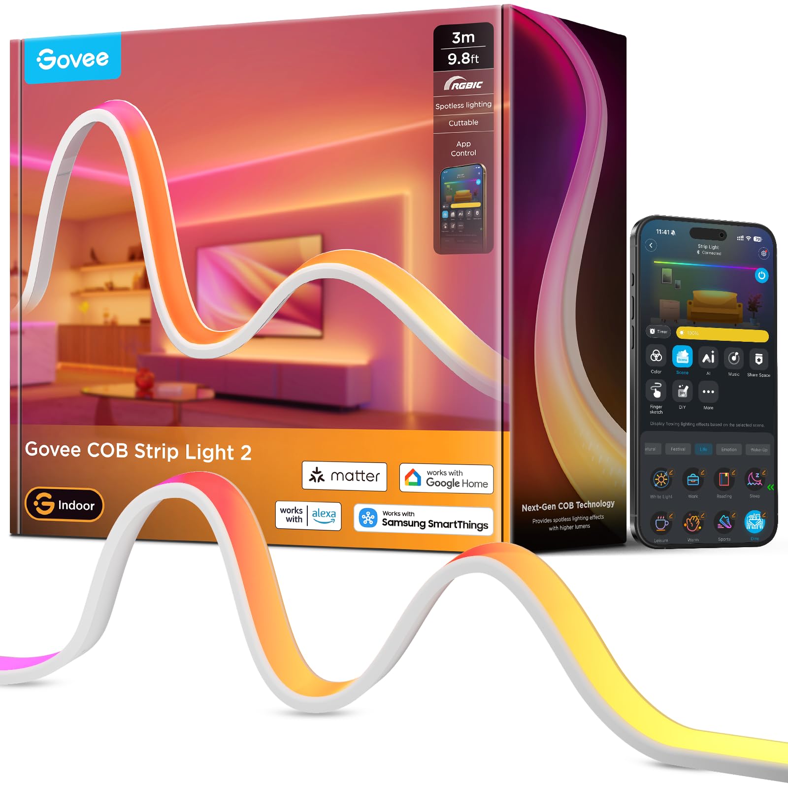 Govee COB Strip Light 2, Smart RGBIC Striscia LED 3 Metri con LuminBlend+