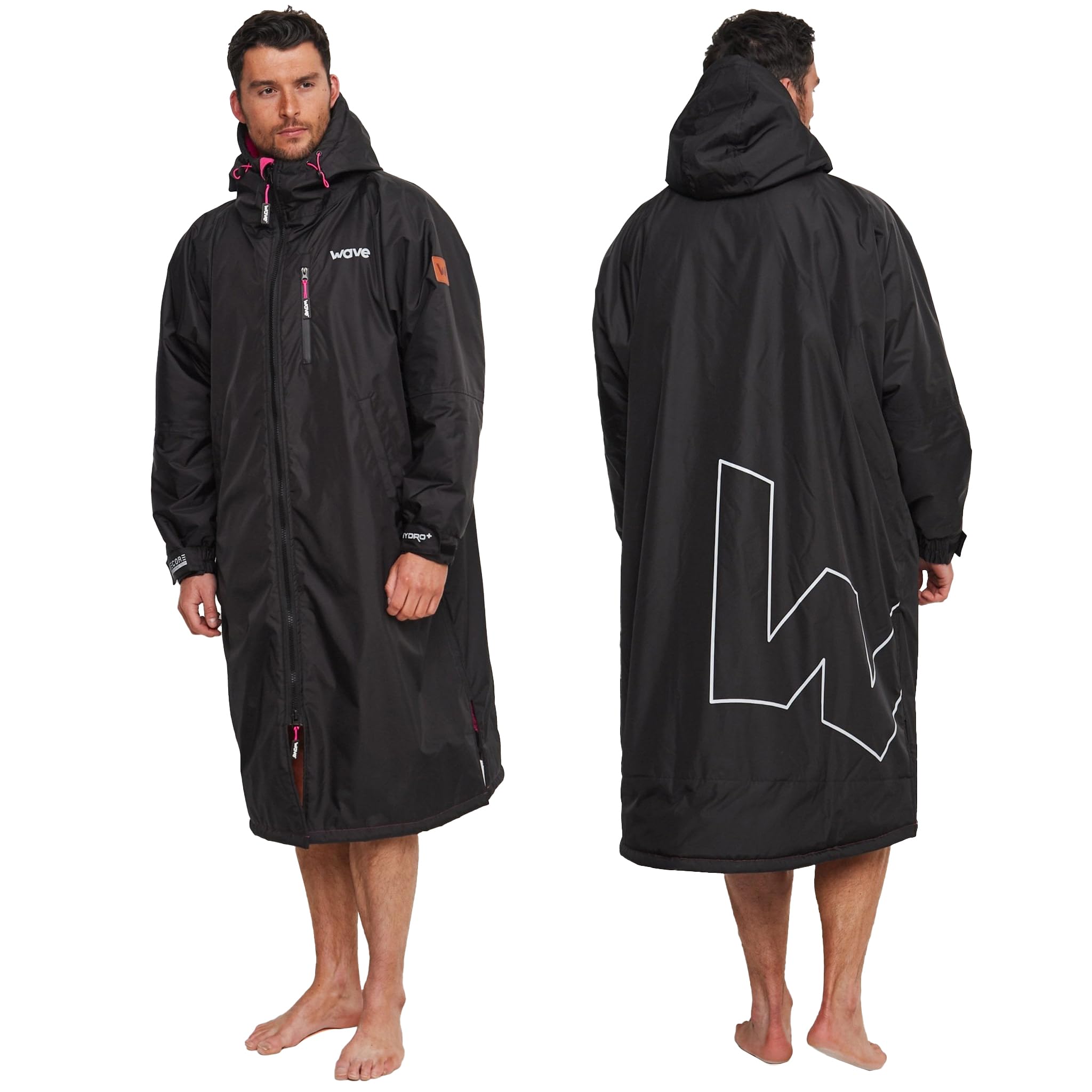 WAVE Oversized Waterproof Fleece-Lined Changing Robe | Quick Dry Wetsuit Changing Coat | Unisex (UK, Alpha, XS, Regular, Regular, Black & Pink)