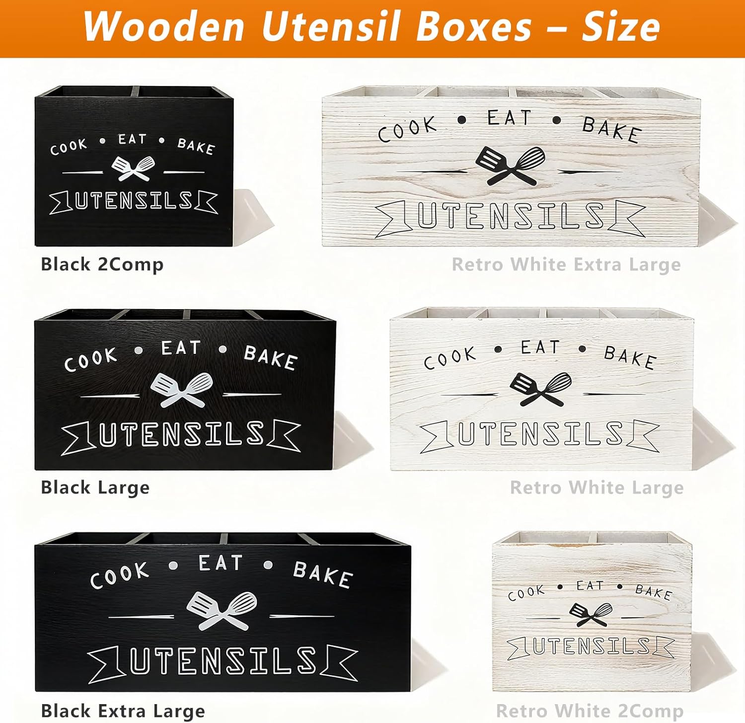 Large and Durable Retro White Wooden Kitchen Utensil Holder - Ideal Kitchen Counter Decor for Party, Counter & More （Retro White 4 Compartment）