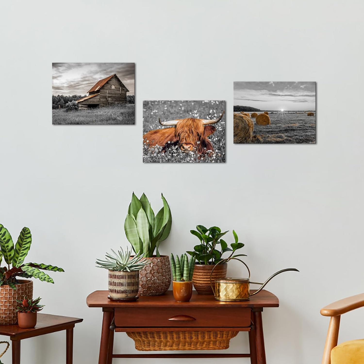 RnnJoile Farm Pictures Wall Decor Farmhouse Highland Cow Cattle Hay Art Prints on Canvas Brown Paintings Framed 12"x12" Each Piece