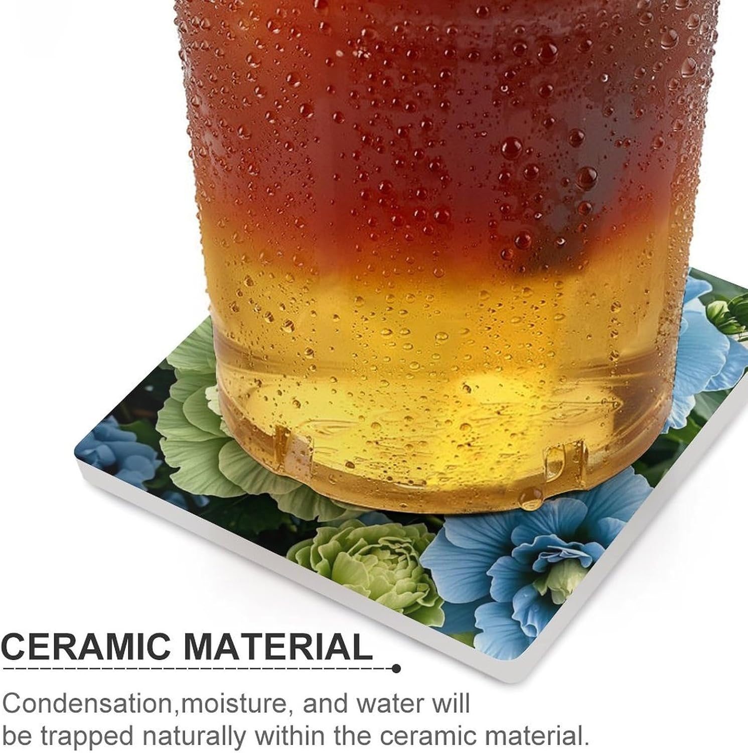 Green and Blue Hibiscus Flowers Coasters Absorbent Ceramic Coasters for Drinks Coaster with Cork Backing for Table Protection Square Drink Cup Mat Modern Style Coaster for Coffee Table