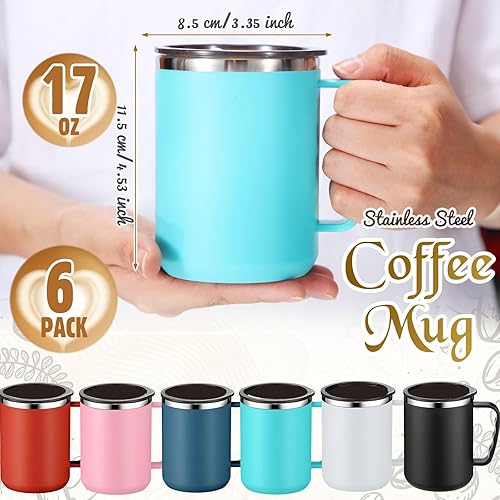 Miniatura 9 de Paquete de 6 tazas de café aisladas de acero inoxidable a granel con asa y tapa, 17 onzas, taza de café aislada al vacío de doble pared, taza